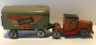 VINTAGE LINDSTROM PEP - O - LIFE SAVERS TIN LITHO TOY TRUCK AND TRAILER 2
