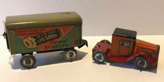 VINTAGE LINDSTROM PEP - O - LIFE SAVERS TIN LITHO TOY TRUCK AND TRAILER 3