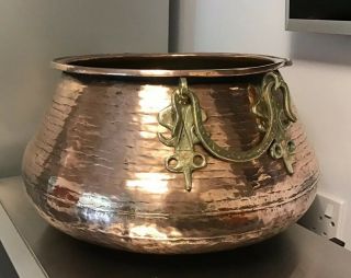 Vintage Persian Hammered Copper Planter Cauldron Cooking Pot With Brass Handles