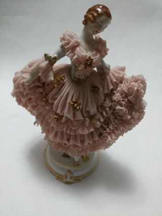 Muller Volkstedt Dresden Dancer Porcelain Lady Pink Lace German Figurine 7.  5 "