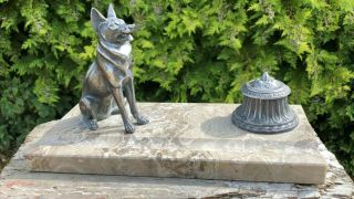 Antique Vintage French Spelter Desk Top Dog And Inkpot On Marble Base