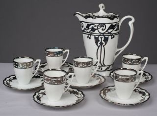 Charlotte Bavaria Silver Overlay Chocolate Pot And Cups With Saucers Set