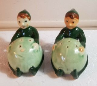 Vintage Pixie Salt & Pepper Shakers Green Fairies Elves Holding Balls Japan