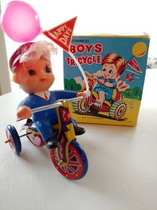 Vintage Tin Toy Wind Up Mechanical Boy On Tricycle On Box Korea