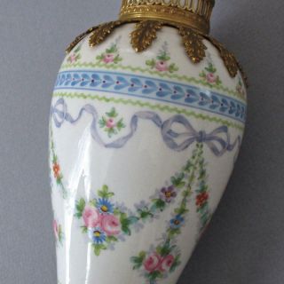 Antique Hp French Sevres Porcelain Urn Vase Doré Bronze Mounts Rose Swags,  Bows