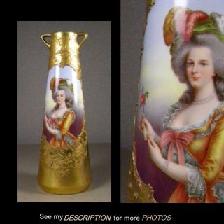Antique Dresden Marie Antoinette W Rose Portrait Heavy Gold Vase R Klemm