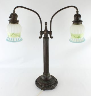 Antique Bronze Double Socket 23 1/2 " Electric Mantle Lamp W/ Porcelain Shades