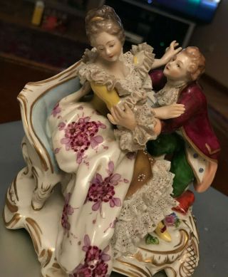 Antique Porcelain Figurine Statue Dresden Germany Lovers On Couch Lace 5.  5 "