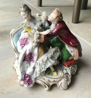 Antique Porcelain Figurine Statue Dresden Germany Lovers on Couch Lace 5.  5 