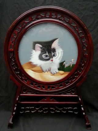 Vintage Chinese Suzhou Double Sided Silk Embroidery Art Table Screen Kittens