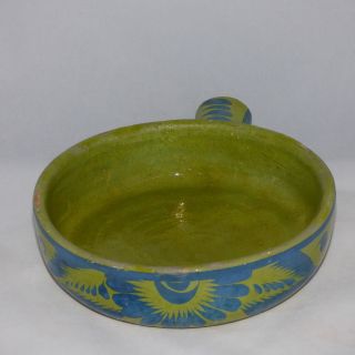 Vintage Mexican Tlaquepaque Talavera Ceramic Dish W/handle Green & Blue 6 1/2 "