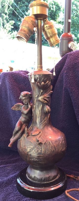 Bronze Large Stunning Figural French Lamp With Cherub