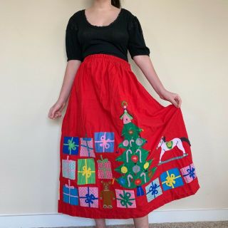 Vintage Skirt Patchwork Quilted Christmas Tree Gift Maxi