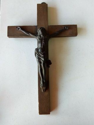 Vintage Antique Art Deco Christian Wood Metal Crucifix Cross Jesus Wall Decor