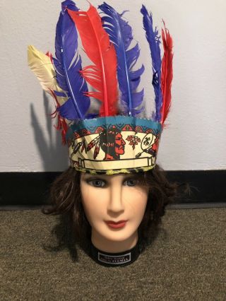 Vintage Brave Feathers Chief Indian Headdress Headband Children ' s Costume 80 ' s 2
