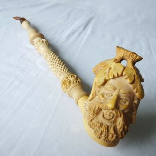 Vintage,  Long Stem Meerschaum Pipe Finely Carved With The Head Of The God Bacchu