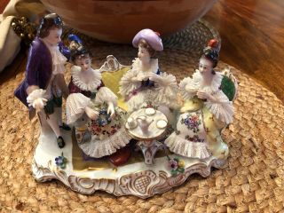 Vintage Dresden Lace Porcelain Tea Party Figurines Germany Large
