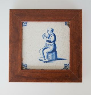 Antique 18th Century Dutch Delft Blue Framed Tile With Figure Man Playing Cards