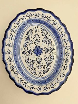 Talavera Pottery Pueblo Mexico D.  C.  Cobalt Blue And White Oval Scalloped Dish