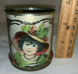 Antique Tin Litho Victorian Tea Set Toy Cup Girl Fancy Hat Flowers Vintage House