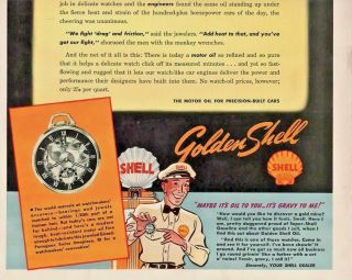 1940 Golden Shell Oil Vintage Print Ad Watches Tick Merrily On Auto Engine Oil