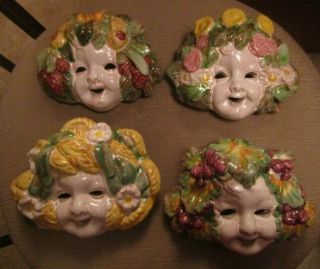 Vintage Italian Ceramic Della Robbia Art Pottery 4 Seasons Wall Face Masks
