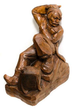 Herman Raby Hand - Carved Wood Sculpture Man Resting Statue Quebec Folk Art Canada