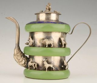 China Tibet Silver Jade Hand - Carved Zodiac Sculpture Teapot High - End Collec