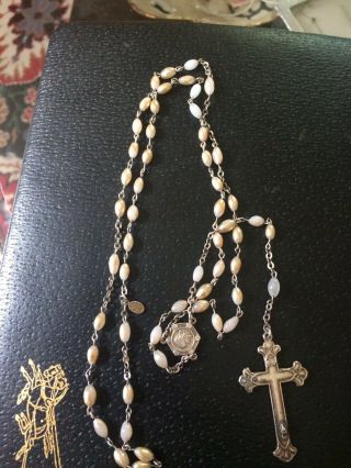 Vintage Sterling Silver Rosary Beads Mother Of Pearl 24.  3 Grams 22 Inch