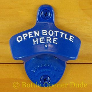 Blue Open Bottle Here Powder Coated Starr X Wall Mount Stationary Bottle Opener