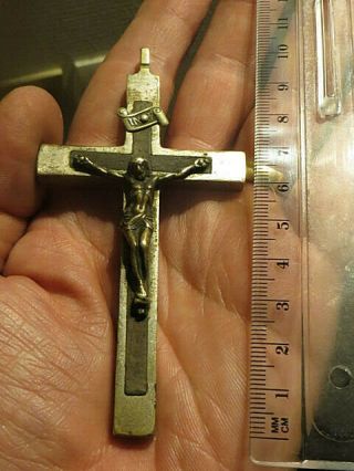 Antique French Crucifix Cross Pendant In Silvered Bronze With Ebony Inlay