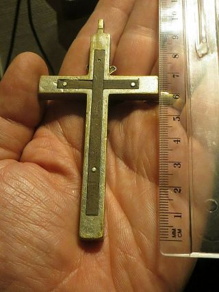 ANTIQUE FRENCH CRUCIFIX CROSS PENDANT IN SILVERED BRONZE WITH EBONY INLAY 2