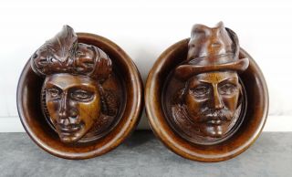 Antique French Hand Carved Walnut Wood Pair Medallion Plaque Face Figure