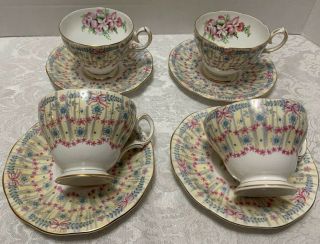 4 Royal Bridal Gown Tea Cups & Saucers Queen Anne England 1950s Orchids Bows 2