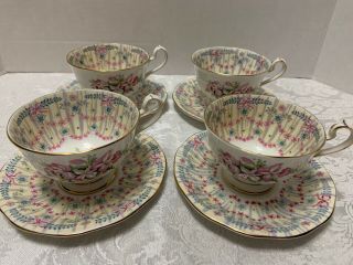 4 Royal Bridal Gown Tea Cups & Saucers Queen Anne England 1950s Orchids Bows In