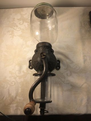 Vintage Antique Arcade Crystal Coffee Grinder Wall Mount Cast Iron & Glass