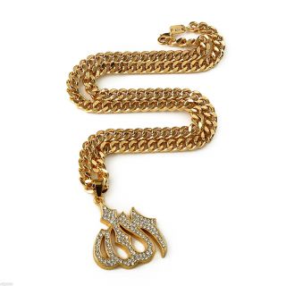 Large Gold Allah Pendant With Rhinestones On Gold Rollo Chain - Hiphop Jewelry
