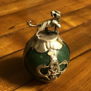 Old Green Jade Dragon Ball Antique Chinese Style Silver Tone Zodiac Figure Tiger