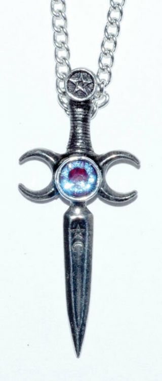 Wicca Athame Pentacle Moon Dagger Pewter Blue Swarovski Crystal Necklace Crescen