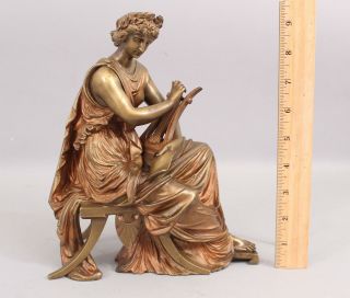 19thc Antique Signed Lalouette Young Classical Woman & Lyre Bronze Sculpture