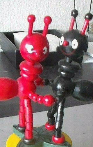 Vintage Wooden Red & Black Dancing Ants Push Bottom Puppet Movable Push - Up Toy