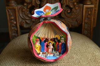Vntg Peruvian Folk Art Hand Carved Folding Hinged Gourd,  Nativity Scene