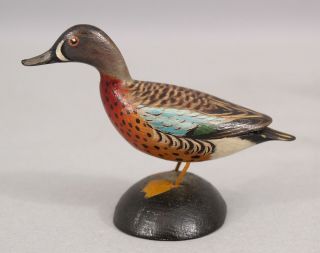 Miniature Antique Elmer Crowell Carved & Painted Folk Art Blue - winged Teal Duck 3