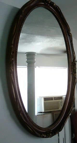 Antique Xl Cherry Burgundy & Bronze Long Oval Resin Wall Mirror Sz 31 X 21