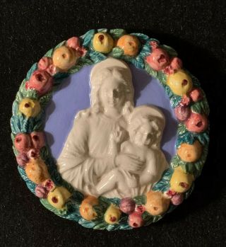 Della Robbia Ceramic Wall Plaque Madonna And Christ Child Round Made In Italy
