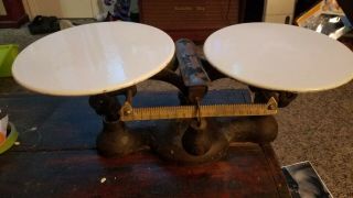 Antique Cast Iron Jacobs Balance Beam Scale York Porcelain Top