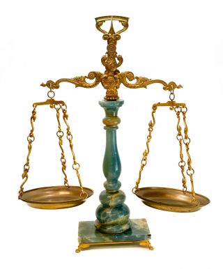 Continental Antique Gilt Bronze And Carved Blue Agate Balance Scale,  Circa 1910