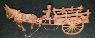 Vintage Old Antique Cast Iron Toy Buckboard Wagon And Horse & Man