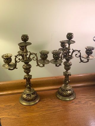 Pair Antique Vintage Solid Brass Ornate 4 Arm Candelabra Candlesticks 19” Heavy