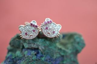 Hello Kitty Sterling Silver Stud Earrings Petitie,  Micro - Pave Crystal,  Pk,  Usa